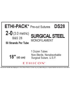 ETHICON ETHI-PACK™ Pre-cut Sutures (Non-sterile) Non-absorbable Surgical Stainless Steel Suture 2-0 (No Needle)